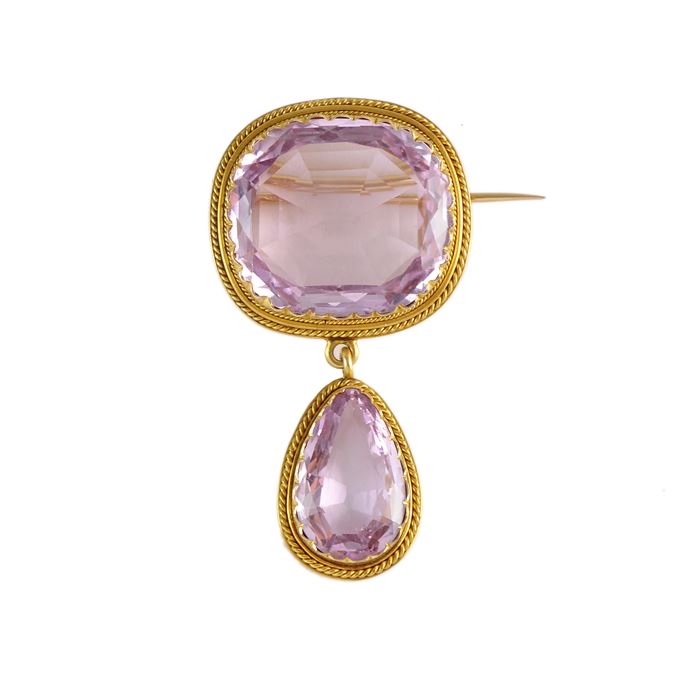 19th century pink topaz and ropetwist gold brooch, French c.1860, with a principal cushion cut stone of approximately 23ct, | MasterArt